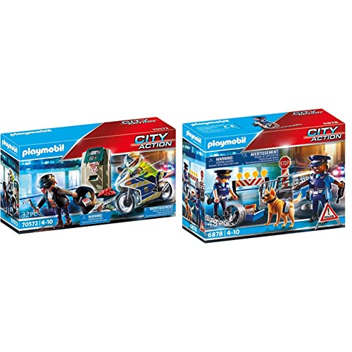 PLAYMOBIL® 70572 Polizei-Motorrad: Verfolgung des Geldräubers & City Action 6878 Polizei-Straßensperre mit Polizeihund, für Kinder ab 4+ Jahren von PLAYMOBIL