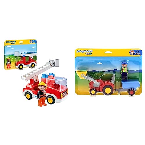 PLAYMOBIL 1.2.3 6967 Feuerwehrleiterfahrzeug & 1.2.3 6964 Traktor mit Anhänger, Anhänger klappbar, Schippe anhebbar, ab 1,5 Jahren von PLAYMOBIL