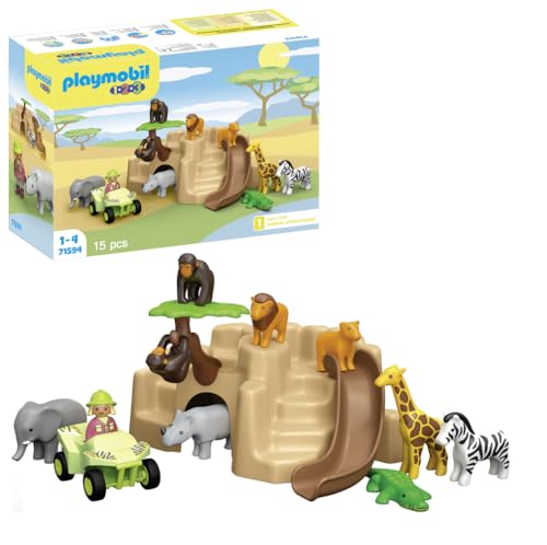 PLAYMOBIL 1.2.3 71594 Wildtier Abenteuer, vielfältiges Spielset mit verschiedenen Tieren, Quad und Rutsche, Lernspielzeug für Kleinkinder, Spielzeug für Kinder ab 12 Monaten [Exklusiv bei Amazon] von PLAYMOBIL