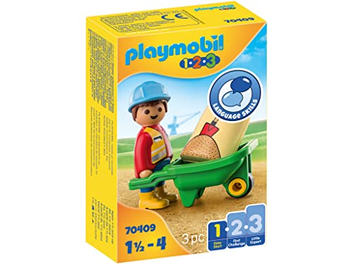 PLAYMOBIL 1.2.3 70409 Bauarbeiter mit Schubkarre, Ab 1,5 bis 4 Jahre, Multicolor, Ab 18 Monaten von PLAYMOBIL