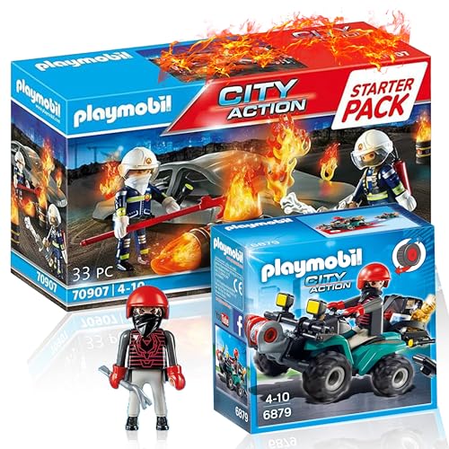 PLAYMOBIL 6879 Ganoven-Quad mit Seilwinde 70907 Starter Pack Feuerwehrübung – Abenteuerliche Spielsets für grenzenlosen Spielspaß von PLAYMOBIL