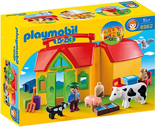 PLAYMOBIL 1.2.3 6962 Mein Mitnehm-Bauernhof mit Tieren und Futter, mit Tragegriff zum Zuklappen und Mitnehmen, ab 1,5 Jahren von PLAYMOBIL