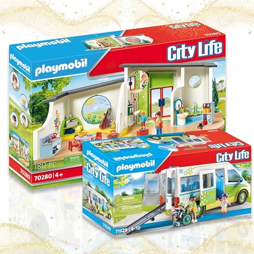 PLAYMOBIL 70280 Kita Regenbogen 71329 Schulbus – Spielerisches Lernen und sichere Fahrten für kleine Entdecker! von PLAYMOBIL