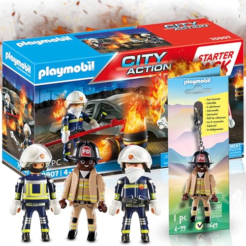 PLAYMOBIL 70649 Schlüsselanhänger Feuerwehrmann 70907 Starter Pack Feuerwehrübung! Ideal für kleine Helden, die Großes bewegen wollen – Spaß und Spannung garantiert von PLAYMOBIL