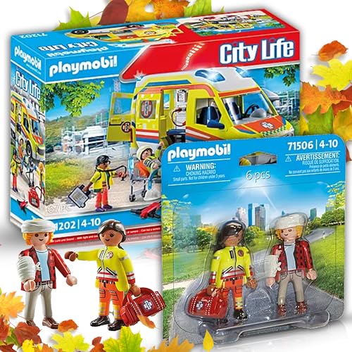 PLAYMOBIL 71202 Rettungswagen mit Licht und Sound 71506 DuoPack Sanitäterin mit Patient – Realistische Rettungsfahrten für kleine Einsatzhelden – Mit Blaulicht, Zubehör und Ausstattung! von PLAYMOBIL