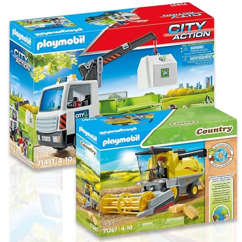 PLAYMOBIL 71267 Mähdrescher 71431 Altglas-LKW mit Container – Spannende Abenteuer auf dem Bauernhof und in der Stadt! von PLAYMOBIL