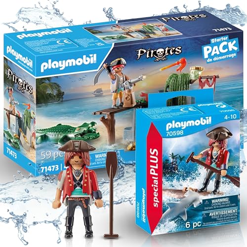 PLAYMOBIL 71473 Pirat mit Alligator 70598 Pirat mit Floß und Hammerhai – Erobere die Sieben Weltmeere! von PLAYMOBIL