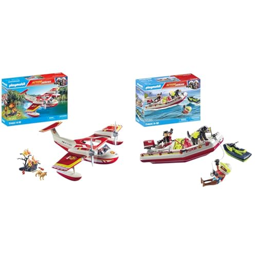 PLAYMOBIL Action Heroes 71463 Feuerwehrflugzeug mit Löschfunktion & Action Heroes 71464 Feuerwehrboot mit Aqua Scooter von PLAYMOBIL