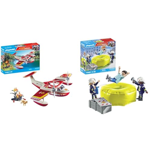 PLAYMOBIL Action Heroes 71463 Feuerwehrflugzeug mit Löschfunktion & Action Heroes 71465 Feuerwehrleute mit Luftkissen von PLAYMOBIL