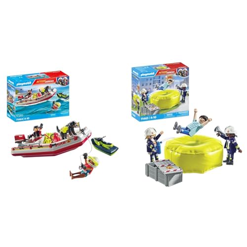 PLAYMOBIL Action Heroes 71464 Feuerwehrboot mit Aqua Scooter & Action Heroes 71465 Feuerwehrleute mit Luftkissen von PLAYMOBIL