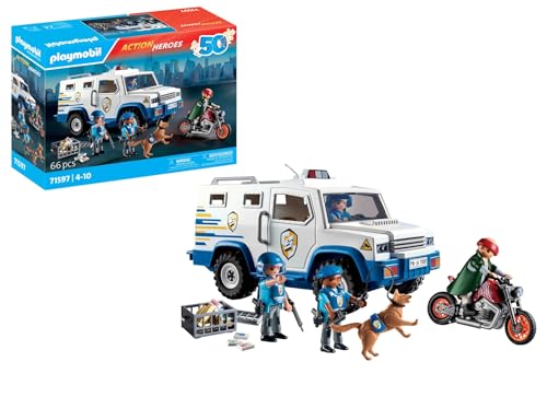 PLAYMOBIL Action Heroes 71597 Geldtransporter, spannende Ganovenjagd, inklusive DREI Polizisten, einem Ganoven auf einem Motorrad und einem Polizeihund, actionreiches Spielzeug für Kinder ab 4 Jahren von PLAYMOBIL