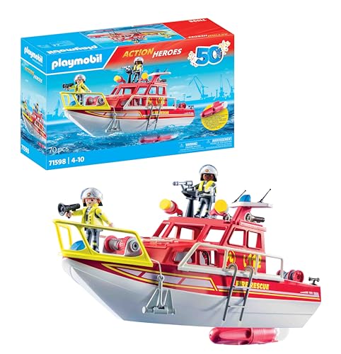 PLAYMOBIL Action Heroes 71598 Feuerlöschboot, Rettungsmission auf dem Wasser, schwimmfähiges Boot mit abnehmbarem Dach und Zubehör, actionreiches Spielzeug für Kinder ab 4 Jahren von PLAYMOBIL