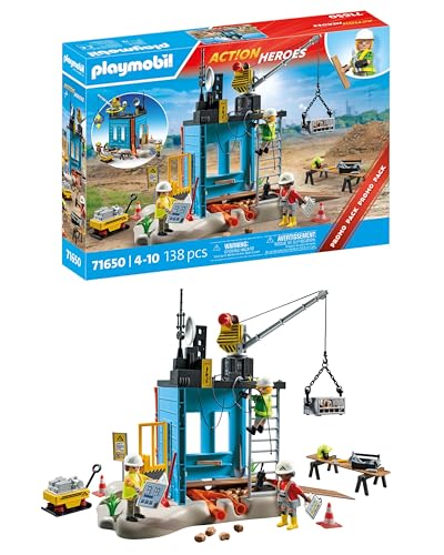 PLAYMOBIL Action Heroes Promo Pack 71650 Baustelle, mit DREI Figuren, beweglichem Kran und vielen weiteren Extras, detailreiches Spielzeug für Kinder ab 4 Jahren von PLAYMOBIL