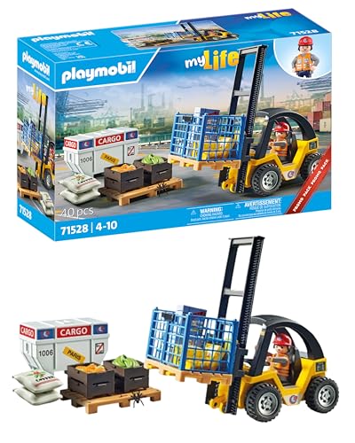 PLAYMOBIL MyLife 71528 Promo Pack Gabelstapler mit Fracht, aufregende Logistikarbeiten am Hafen, inklusive Paletten und zahlreichen Lagerbeständen, detailreiches Spielzeug für Kinder ab 4 Jahren von PLAYMOBIL