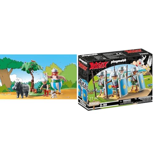 PLAYMOBIL Asterix 71160 Wildschweinjagd, Mit kippbarem Baum & Asterix 70934 Römertrupp bestehend aus Vier Römern mit Helmen, Schwertern und Schilden von PLAYMOBIL