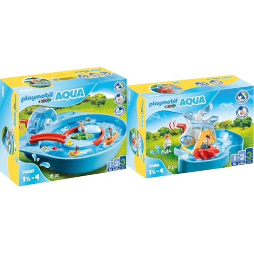 PLAYMOBIL Bundle 1.2.3 70267 Fröhliche Wasserbahn mit Kurbel für den Wasserstrudel, ab 1,5 Jahren 1.2.3 70268 Wasserrad mit Karussell zum Antrieb des Wassers, ab 1,5 Jahren von PLAYMOBIL