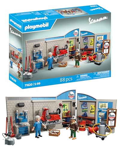 PLAYMOBIL Cars 71620 60s Vespa Garage, inklusive beweglicher Hebebühne, mit vielseitigem Zubehör für eine authentische Werkstatt, für fahrzeugbegeisterte Kinder und Erwachsene von PLAYMOBIL