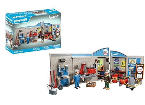 PLAYMOBIL Cars 71620 60s Vespa Garage, inklusive beweglicher Hebebühne, mit vielseitigem Zubehör für eine authentische Werkstatt, für fahrzeugbegeisterte Kinder und Erwachsene von PLAYMOBIL