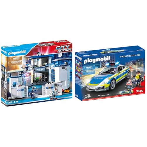 PLAYMOBIL City Action 6872 Polizei-Kommandozentrale mit Gefängnis, für Kinder von 4-10 Jahren & City Action 70067 Porsche 911 Carrera 4S Polizei mit Polizei-Licht und Sound, Empfohlen ab 4 Jahren von PLAYMOBIL