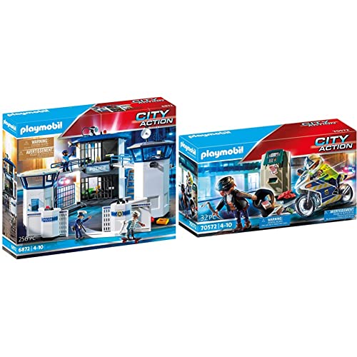 PLAYMOBIL City Action 6872 Polizeistation mit Gefängnis, Ab 5 Jahren & City Action 70572 Polizei-Motorrad: Verfolgung des Geldräubers, Für Kinder von 4 - 10 Jahre von PLAYMOBIL