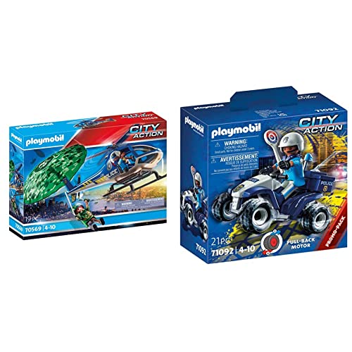 PLAYMOBIL City Action 70569 Polizei-Hubschrauber: Fallschirm-Verfolgung, Für Kinder von 4-10 Jahre & City Action 71092 Polizei-Speed Quad mit Rückzugsmotor, Spielzeug für Kinder ab 4 Jahren von PLAYMOBIL