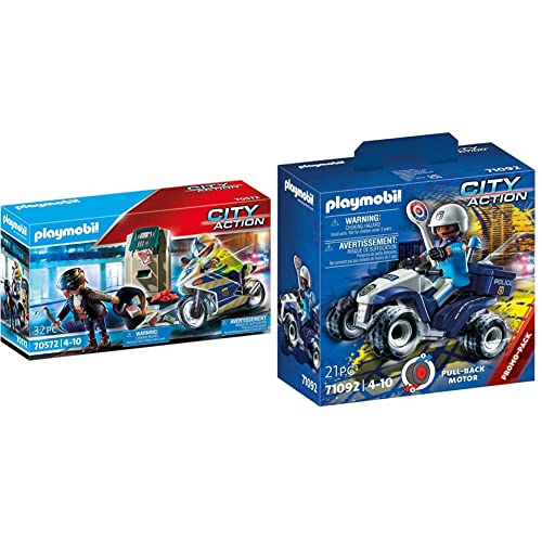 PLAYMOBIL City Action 70572 Polizei-Motorrad: Verfolgung des Geldräubers, Für Kinder von 4 - 10 Jahre & City Action 71092 Polizei-Speed Quad mit Rückzugsmotor, Spielzeug für Kinder ab 4 Jahren von PLAYMOBIL