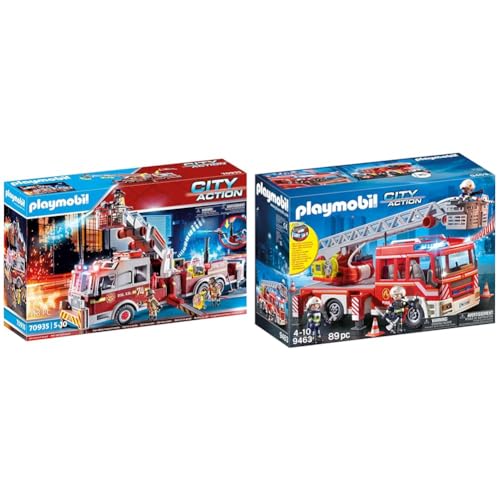 PLAYMOBIL City Action 70935 Feuerwehr-Fahrzeug: US Tower Ladder & City Action 9463 Feuerwehr-Leiterfahrzeug mit Licht und Sound, Ab 5 Jahren von PLAYMOBIL