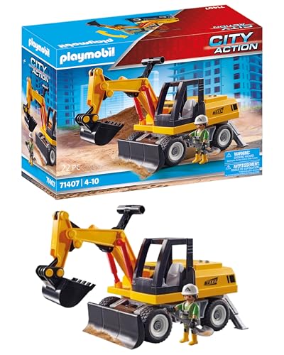 PLAYMOBIL City Action 71407 Bagger mit 360°-drehbarem Aufbau, Schaufel und Stützfüßen, Spielset für kreative Baufans, Spielzeug für Kinder ab 4 Jahren von PLAYMOBIL