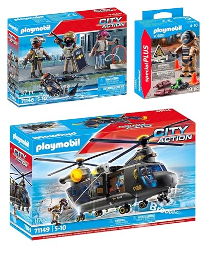 PLAYMOBIL City Action SWAT Bundle: 71149 SWAT-Rettungshelikopter mit Licht- und Soundmodul + 71146 SWAT-Figurenset + 70600 Polizei-Spezialeinsatz von PLAYMOBIL