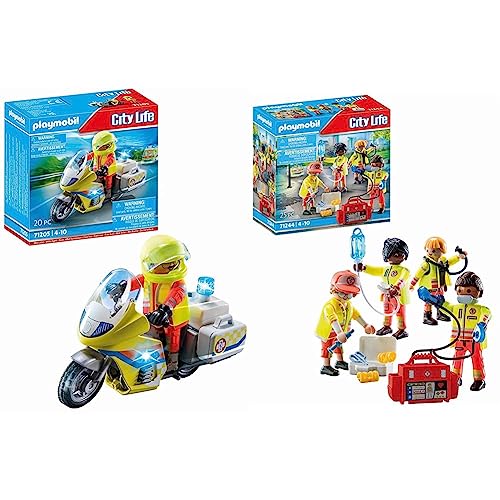 PLAYMOBIL City Life 71205 Notarzt-Motorrad mit Blinklicht, Spielzeug für Kinder ab 4 Jahren & City Life 71244 Rettungsteam, Spielzeug für Kinder ab 4 Jahren von PLAYMOBIL