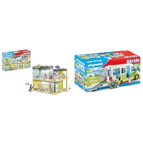 PLAYMOBIL City Life 71327 Große Schule mit beweglicher Tafel, ab 5 Jahren & City Life 71329 Schulbus, Großer Schulbus mit Schiebetür von PLAYMOBIL