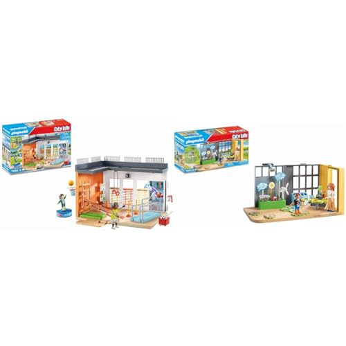 PLAYMOBIL City Life 71328 Anbau Turnhalle, Turnhallen Anbau mit Basketballkorb & City Life 71331 Anbau Klimakunde, Klassenzimmer der Zukunft von PLAYMOBIL