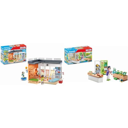 PLAYMOBIL City Life 71328 Anbau Turnhalle, Turnhallen Anbau mit Basketballkorb & City Life 71333 Schulkiosk, Verkaufsstand befüllbarem Flaschenautomaten, Spielzeug für Kinder ab 4 Jahren von PLAYMOBIL