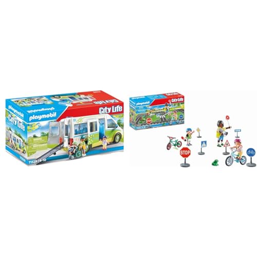 PLAYMOBIL City Life 71329 Schulbus, Großer Schulbus mit Schiebetür, Faltbare Rampe & City Life 71332 Fahrradparcours, Verkehrserziehung von PLAYMOBIL