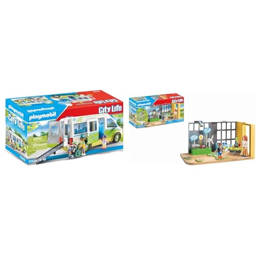 PLAYMOBIL City Life 71329 Schulbus, Großer Schulbus mit Schiebetür & City Life 71331 Anbau Klimakunde, Klassenzimmer der Zukunft von PLAYMOBIL