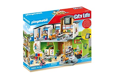 PLAYMOBIL City Life 9453 Große Schule mit Zwei Klassenzimmern, Sekretariat, Treppe, integrierten Schließfächern, Aufzug und Toiletten sowie digitaler Uhr mit Weckerfunktion, für Kinder ab 5 Jahren von PLAYMOBIL