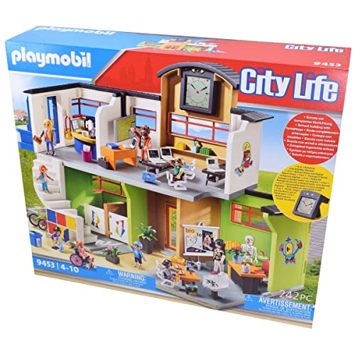 PLAYMOBIL City Life 9453 Große Schule mit Zwei Klassenzimmern, Sekretariat, Treppe, integrierten Schließfächern, Aufzug und Toiletten sowie digitaler Uhr mit Weckerfunktion, für Kinder ab 5 Jahren von PLAYMOBIL