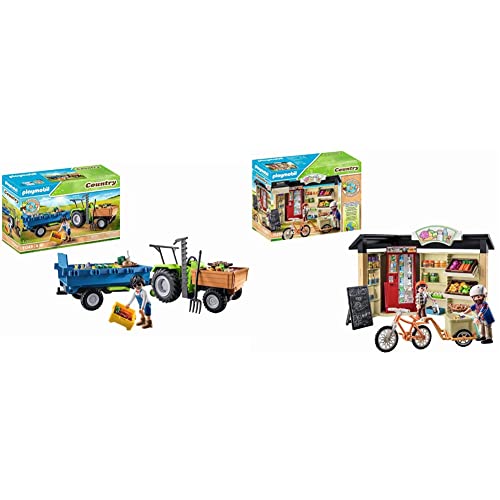 PLAYMOBIL Country 71249 Traktor mit Hänger inkl. Transportboxen, Grüner Trecker für den Bio-Bauernhof & Country 71250 24-Stunden-Hofladen, Fahrrad mit Anhänger von PLAYMOBIL