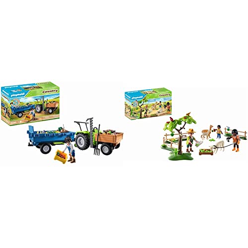 PLAYMOBIL Country 71249 Traktor mit Hänger inkl. Transportboxen, Grüner Trecker für den Bio-Bauernhof & Country 71251 Alpaka-Wanderung, Tiere für den Bio-Bauernhof von PLAYMOBIL