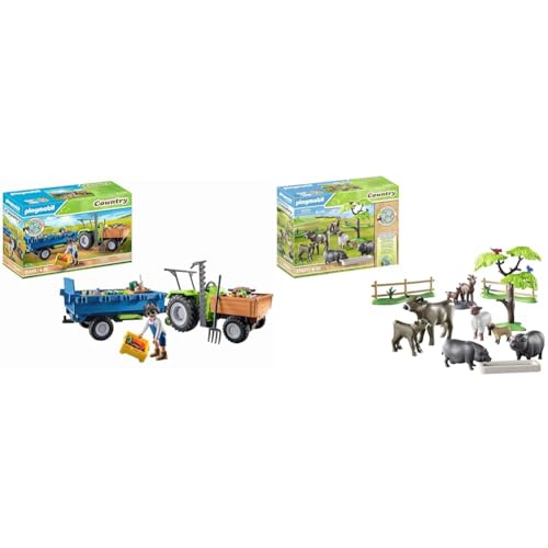 PLAYMOBIL Country 71249 Traktor mit Hänger inkl. Transportboxen & Country 71307 Bauernhoftiere von PLAYMOBIL