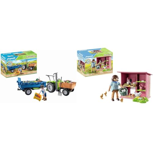 PLAYMOBIL Country 71249 Traktor mit Hänger inkl. Transportboxen & Country 71308 Hühner mit Küken, e Hühnerfamilie für deinen Bauernhof von PLAYMOBIL