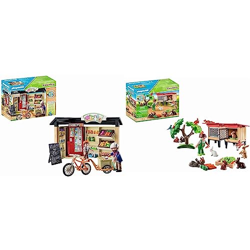 PLAYMOBIL Country 71250 24-Stunden-Hofladen, Fahrrad mit Anhänger & Country 71252 Kaninchenstall, Tiere für den Bio-Bauernhof, Nachhaltiges Spielzeug für Kinder ab 4 Jahren von PLAYMOBIL