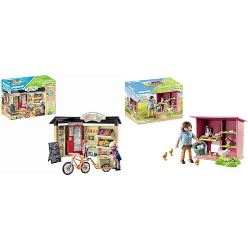 PLAYMOBIL Country 71250 24-Stunden-Hofladen, Fahrrad mit Anhänger & Country 71308 Hühner mit Küken, e Hühnerfamilie für deinen Bauernhof von PLAYMOBIL