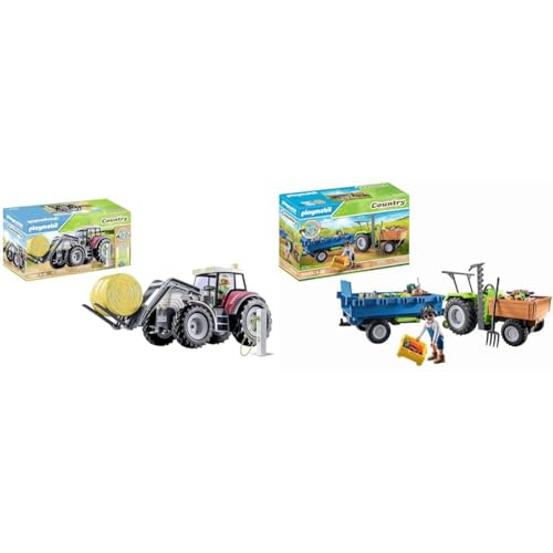 PLAYMOBIL Country 71305 Großer Traktor & Country 71249 Traktor mit Hänger inkl. Transportboxen, Grüner Trecker für den Bio-Bauernhof, Nachhaltiges Spielzeug für Kinder ab 4 Jahren von PLAYMOBIL
