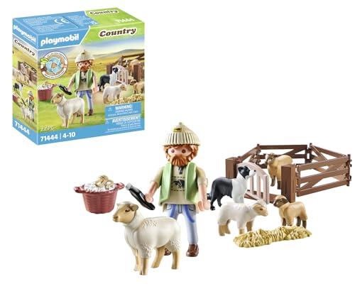 PLAYMOBIL Country 71444 Junger Schäfer mit Schafen, Hüten und Pflegen der Schafe mithilfe des Bordercollies, mit Zubehör wie Haartrimmer und Strohballen, nachhaltiges Spielzeug für Kinder ab 4 Jahren von PLAYMOBIL