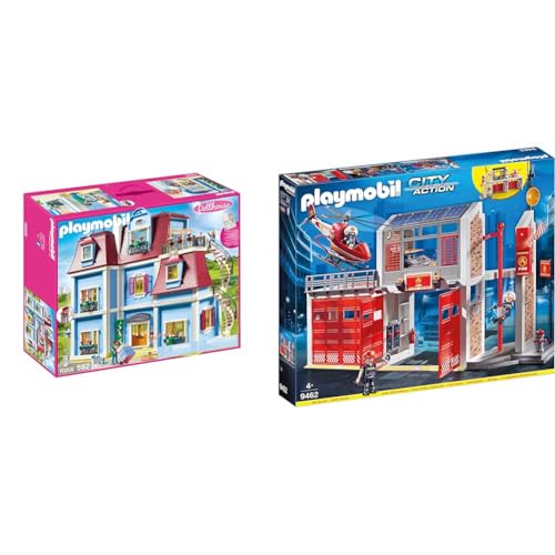 PLAYMOBIL Dollhouse 70205 Mein Großes Puppenhaus, Mit funktionsfähiger Türklingel, Ab 4 Jahren & City Action 9462 Große Feuerwache mit Soundeffekten, Ab 5 Jahren von PLAYMOBIL