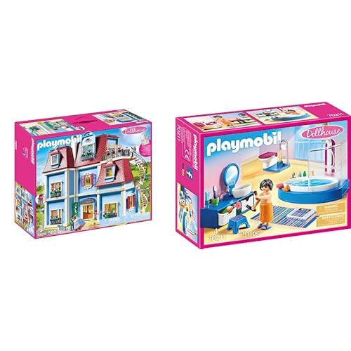 PLAYMOBIL Dollhouse 70205 Mein Großes Puppenhaus, Mit funktionsfähiger Türklingel, Ab 4 Jahren & Dollhouse 70211 Badezimmer, ab 4 Jahren von PLAYMOBIL