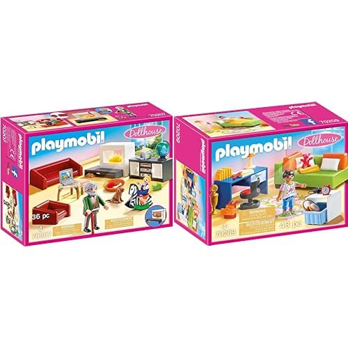 PLAYMOBIL Dollhouse 70207 Gemütliches Wohnzimmer, Mit Lichteffekt, Ab 4 Jahren & Dollhouse 70209 Jugendzimer, Ab 4 Jahren von PLAYMOBIL