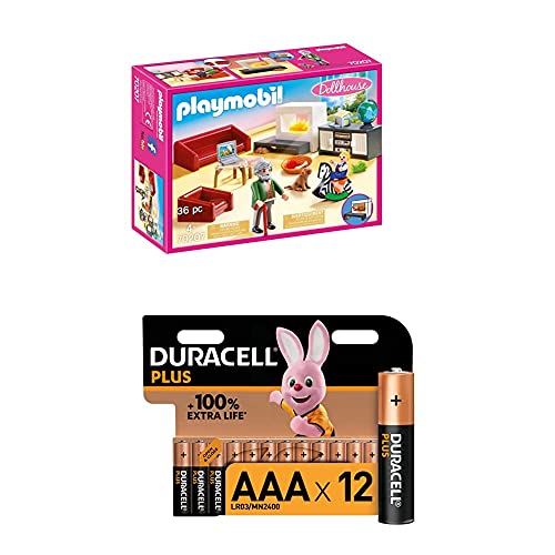 PLAYMOBIL Dollhouse 70207 Gemütliches Wohnzimmer, mit Lichteffekt, ab 4 Jahren + Duracell Plus AAA Alkaline-Batterien, 12er Pack von PLAYMOBIL