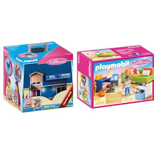 PLAYMOBIL Dollhouse 70985 Mitnehm-Puppenhaus mit Griff, Zusammenklappbar, Spielzeug für Kinder ab 4 Jahren & Dollhouse 70209 Jugendzimmer mit Mädchenfigur und Zubehör, Ab 4 Jahren von PLAYMOBIL